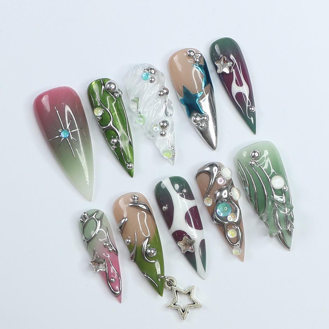 Celestial Star Press On Nails with Silver Swirls, Rhinestones and Star Charm