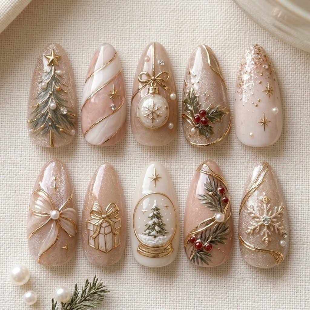 Champagne and Ivory Christmas Nails with Gold Snow Globes, Trees, Bows, and Pearls