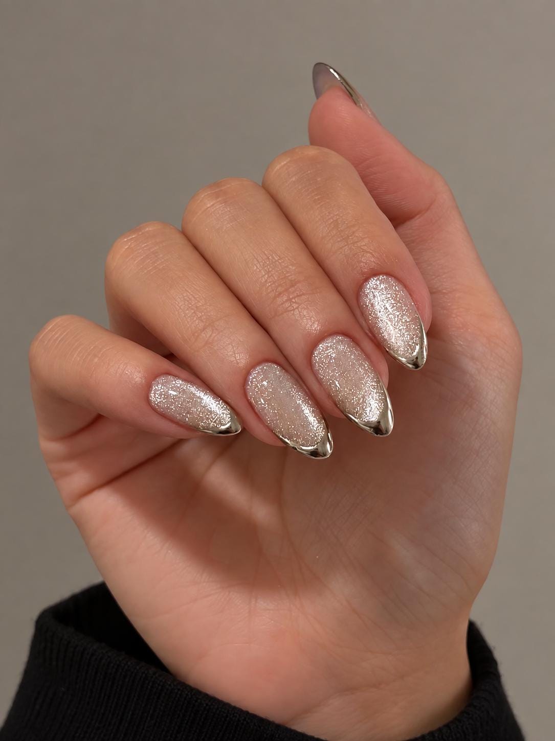 Champagne Glitter Nails With Metallic Gold French Tips