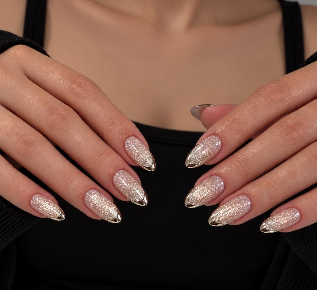 Champagne Glitter Nails With Metallic Gold French Tips