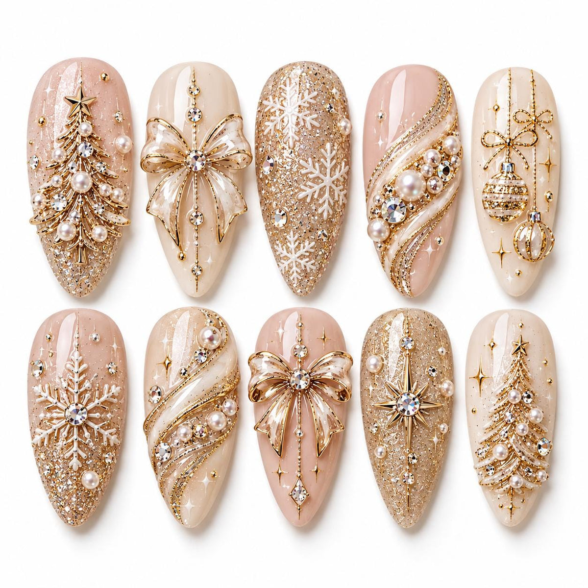 Champagne Gold Christmas Press On Nails With 3D Bows, Snowflakes and Pearls
