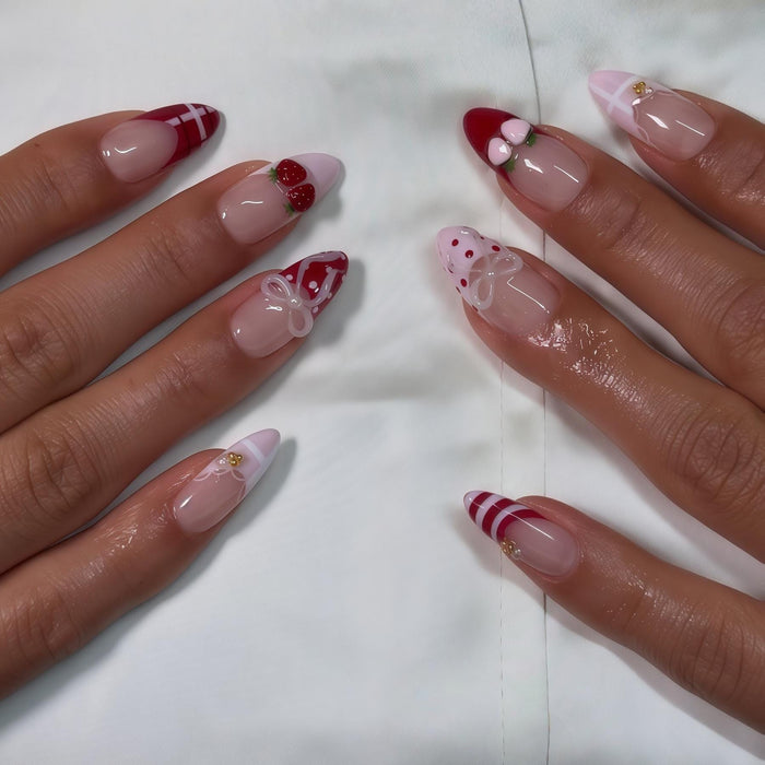 Cherry and 3D Bow Press On Nails with Red Plaid Tips and Polka Dots