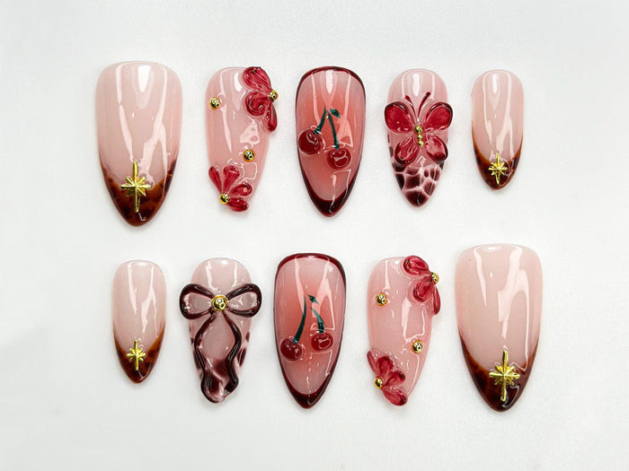 Cherry and 3D Red Flower Press On Nails with Bows, Burgundy Tips, and Gold Accents
