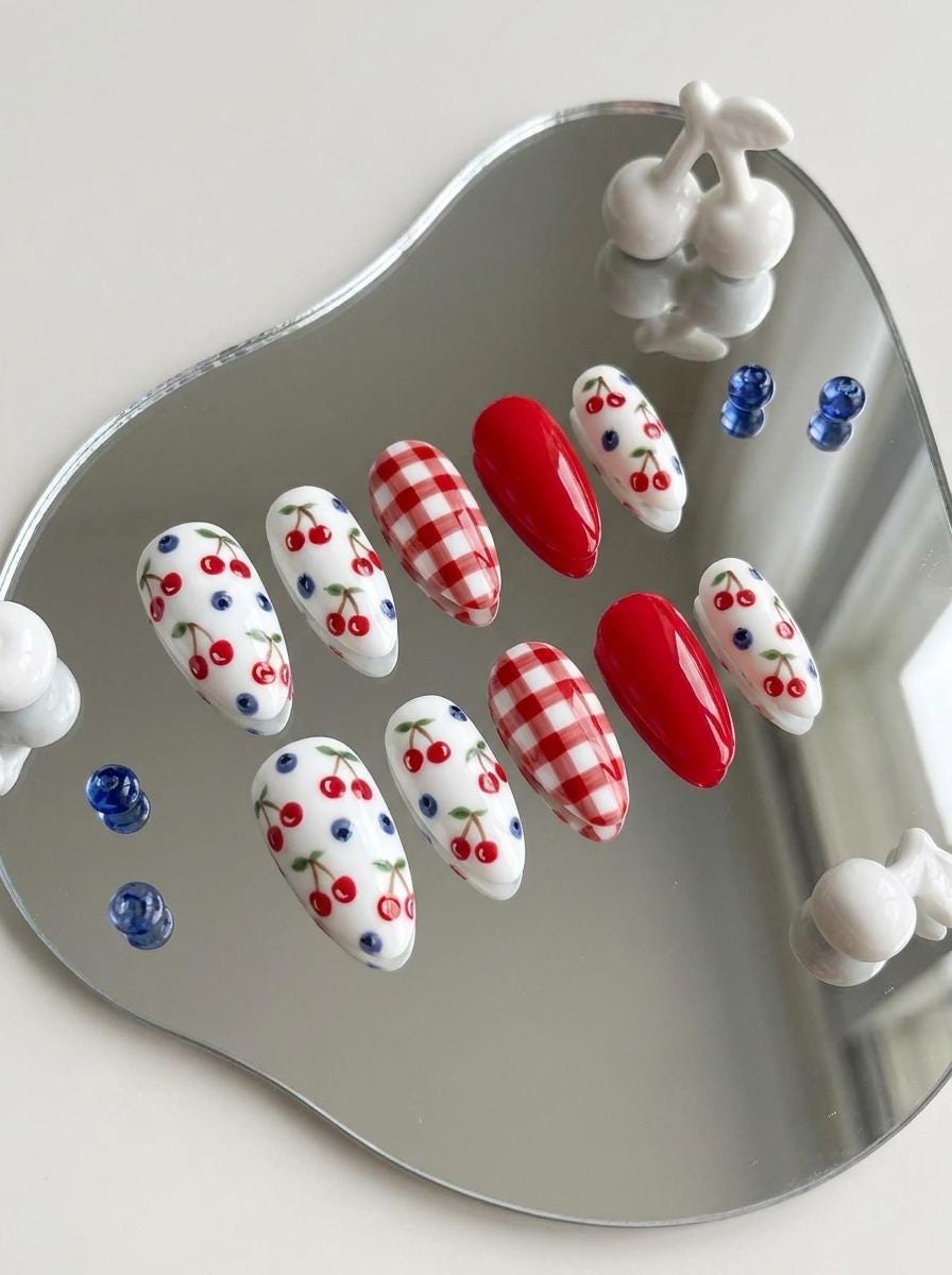 Cherry and Blueberry Gingham Summer Press-On Nail Set