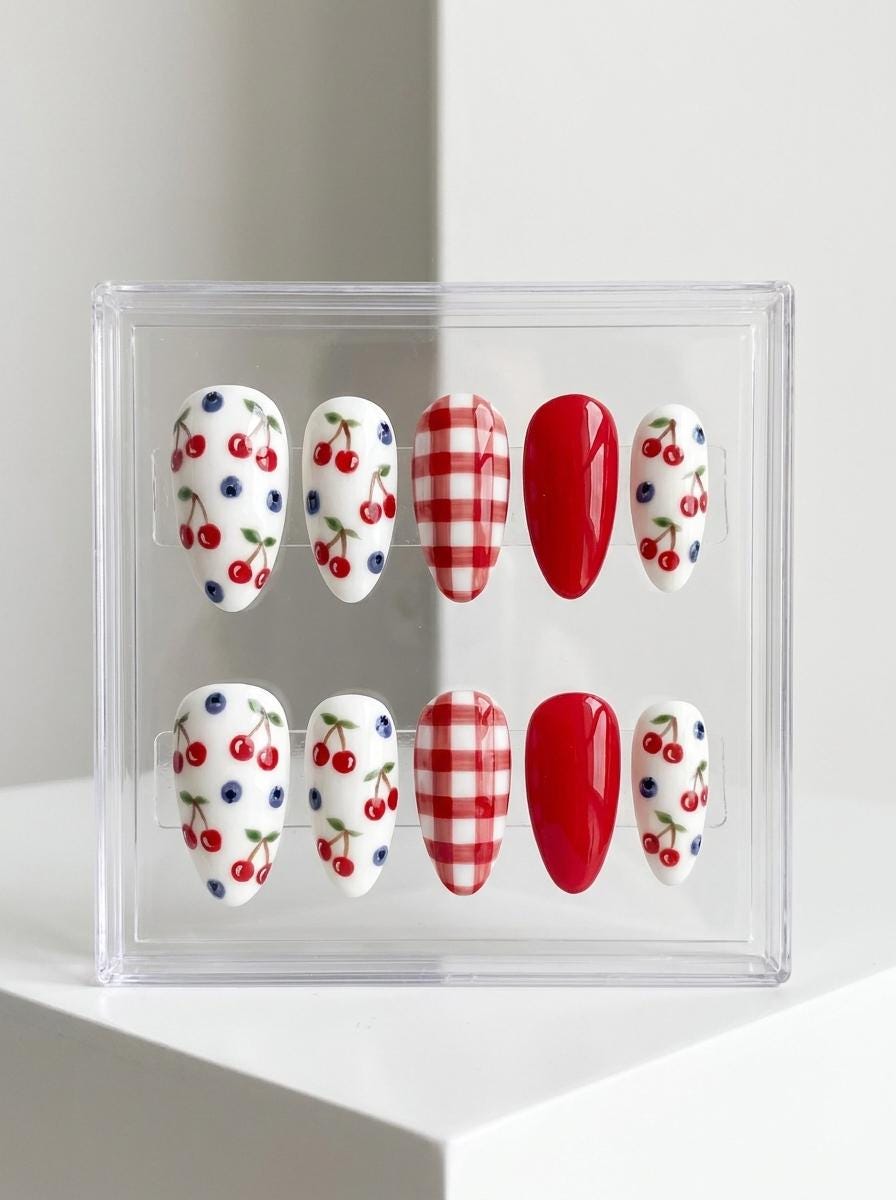 Cherry and Blueberry Gingham Summer Press-On Nail Set