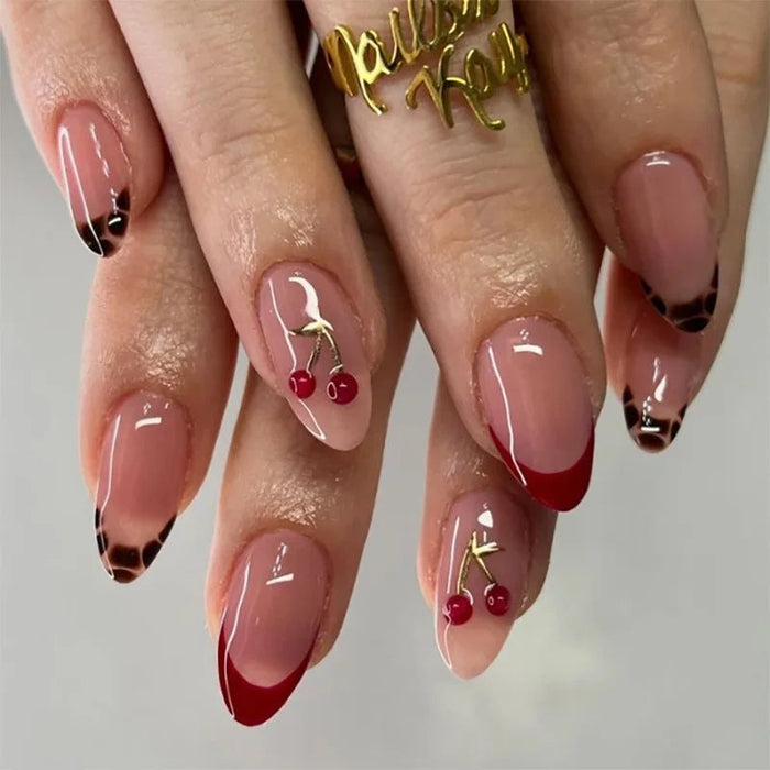 Cherry and Leopard French Tip Press On Nails in Sheer Pink
