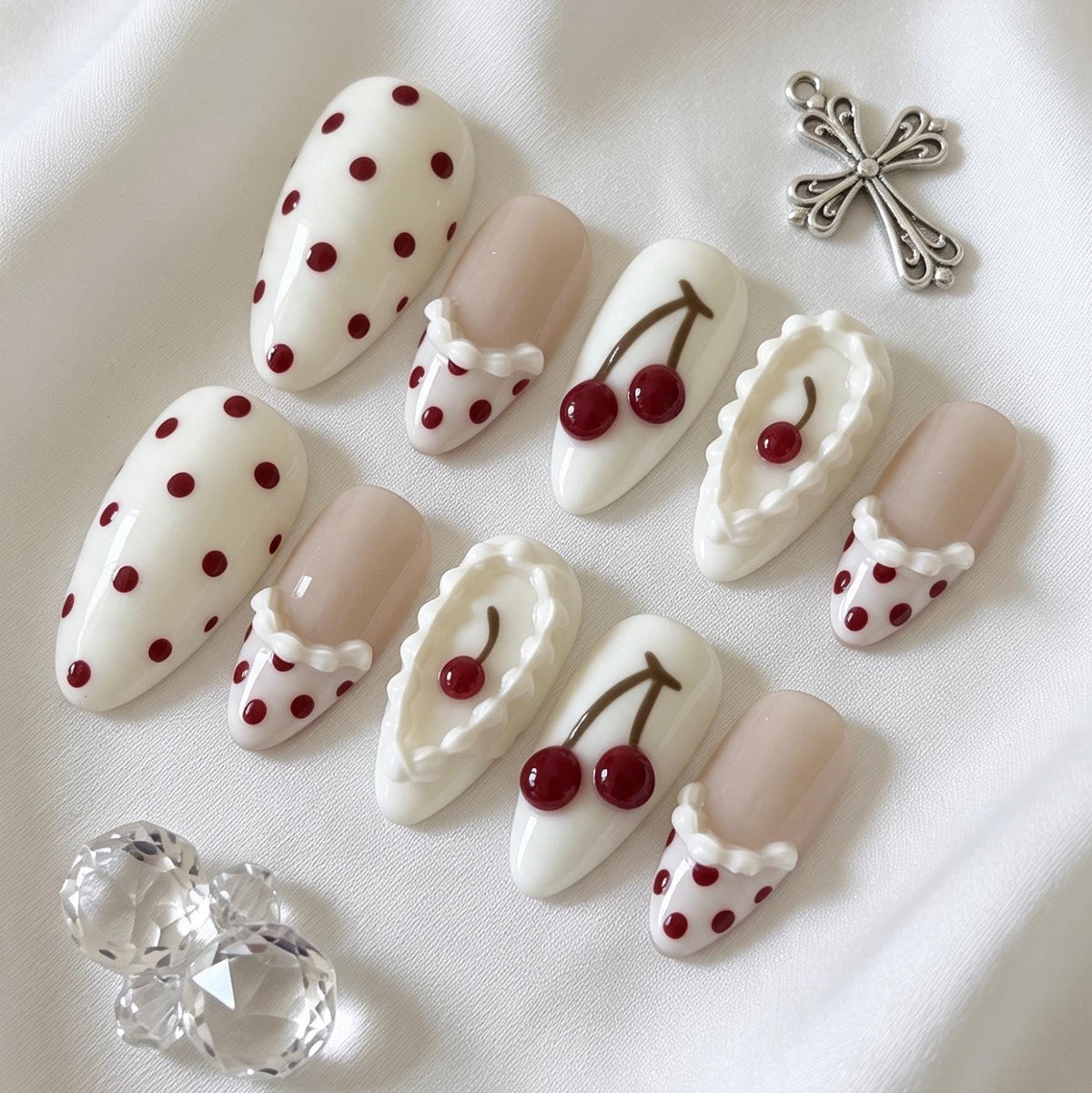 Cherry and Red Polka Dot Press-On Nails with Raised Ruffle Details