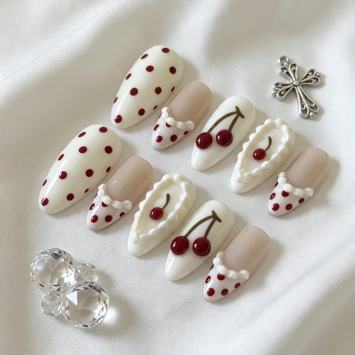 Cherry and Red Polka Dot Press-On Nails with Raised Ruffle Details