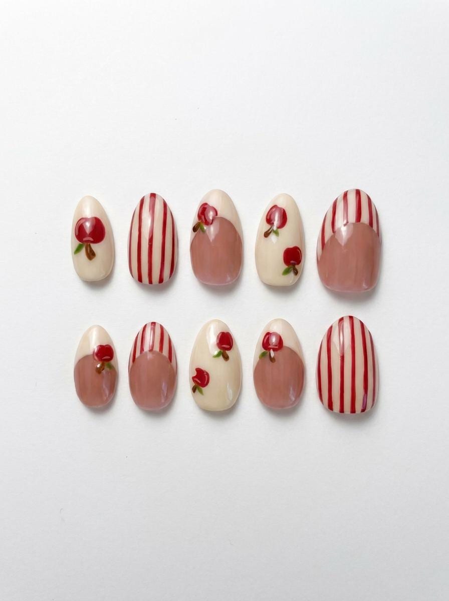 Cherry and Red Stripe French Tip Nail Set
