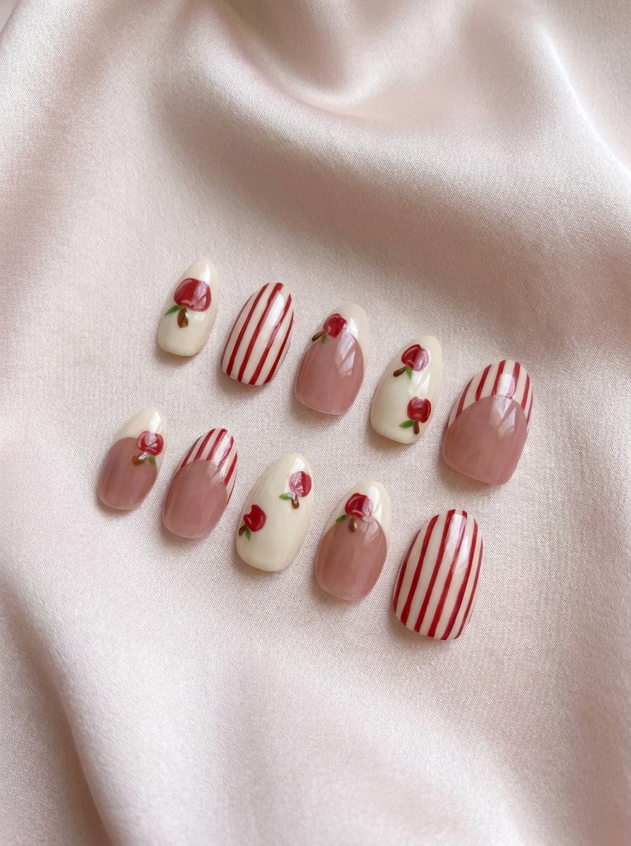 Cherry and Red Stripe French Tip Nail Set