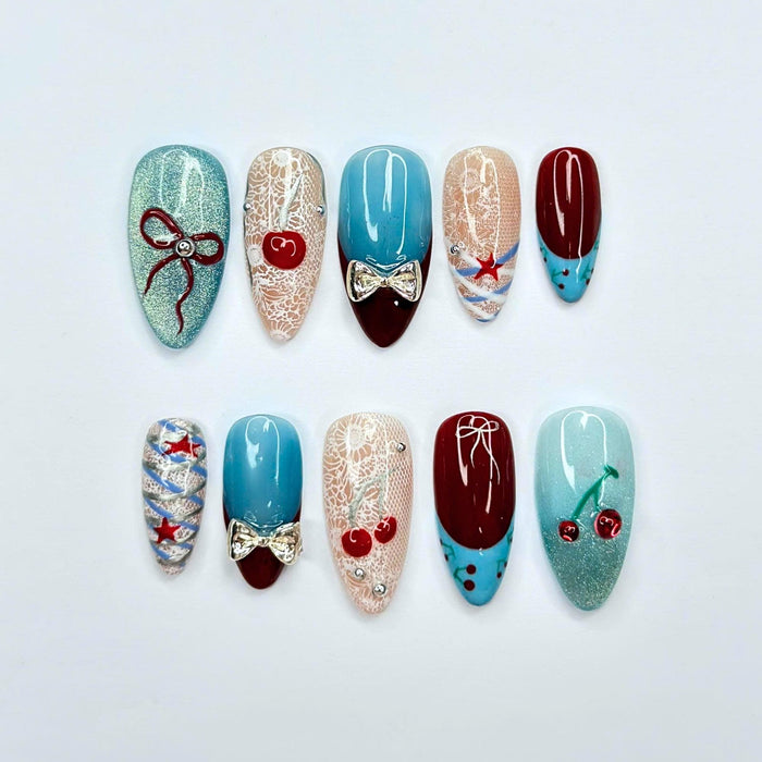 Cherry Beach Press On Nails with Blue Stripes, White Lace, Stars and Bow Charms
