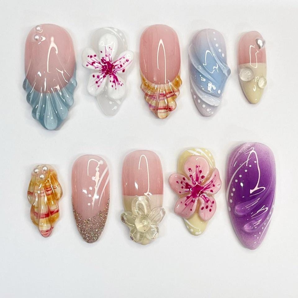 Cherry Blossom Shell French Tip Press-On Nails With 3D Flowers