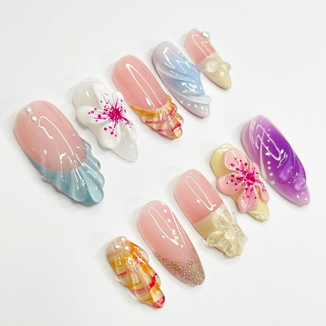 Cherry Blossom Shell French Tip Press-On Nails With 3D Flowers