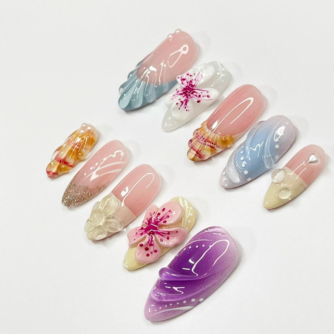 Cherry Blossom Shell French Tip Press-On Nails With 3D Flowers