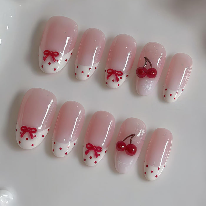 Cherry Bow French Tip Press On Nail Set With Red Polka Dots