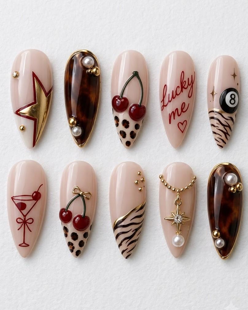 Cherry, Leopard and Zebra Print Press-On Nails with Retro Charms