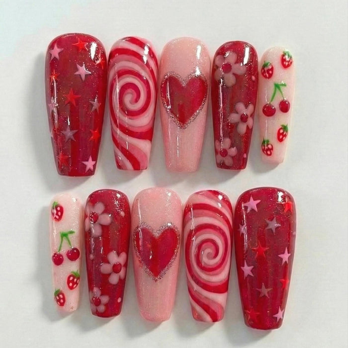 Cherry Red and Blush Pink Candy Swirl Valentine Press On Nail Set