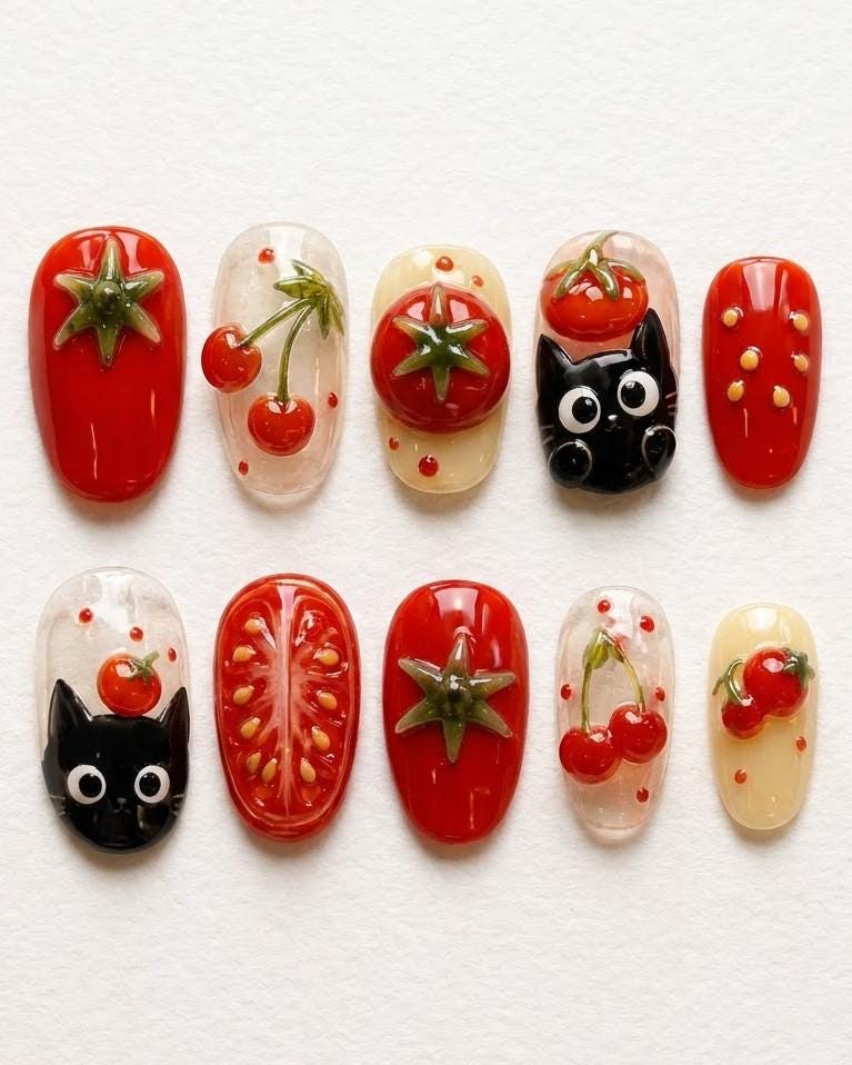 Cherry Tomato Press-On Nails With Cat Face Accents