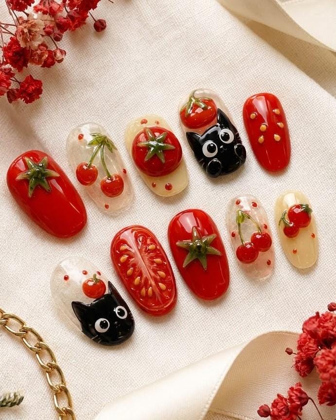 Cherry Tomato Press-On Nails With Cat Face Accents