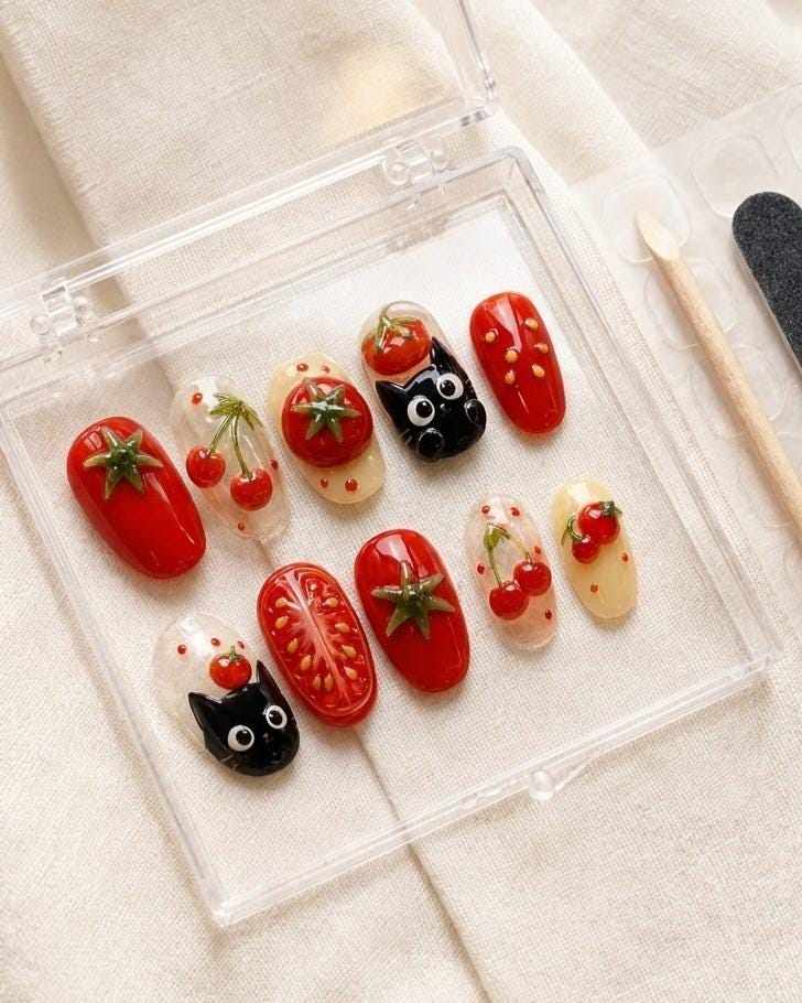Cherry Tomato Press-On Nails With Cat Face Accents