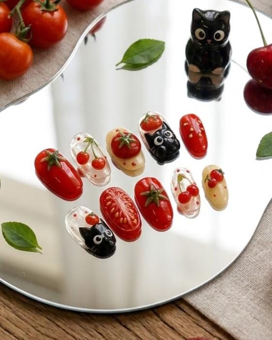 Cherry Tomato Press-On Nails With Cat Face Accents