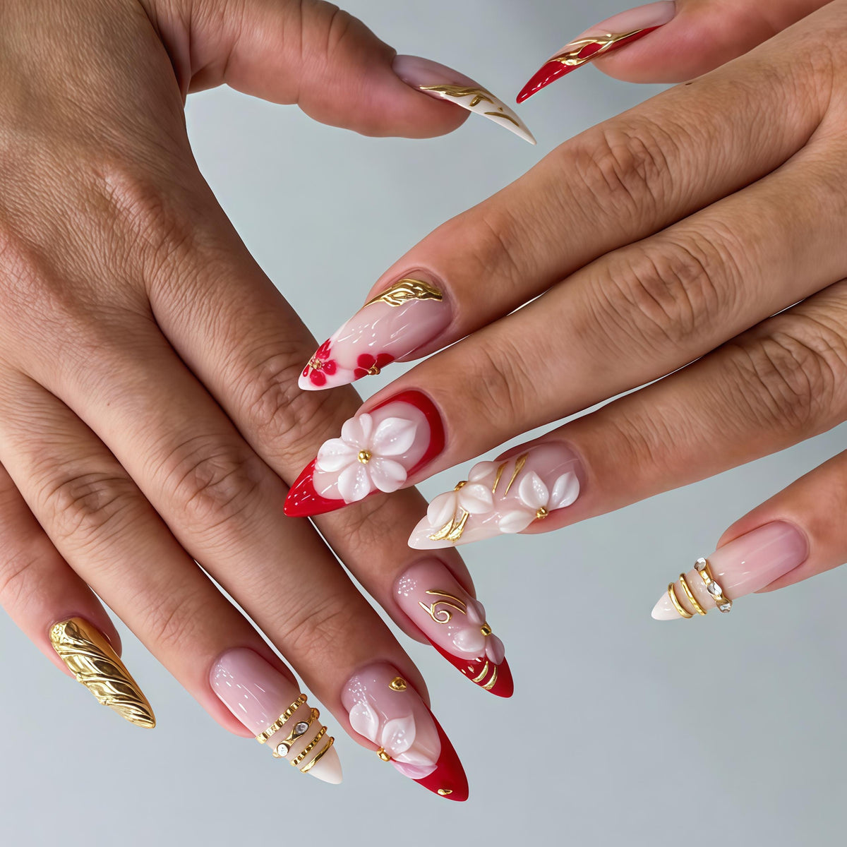 Chinese-Inspired Red French Tip Press On Nails with 3D White Flowers and Gold Accents