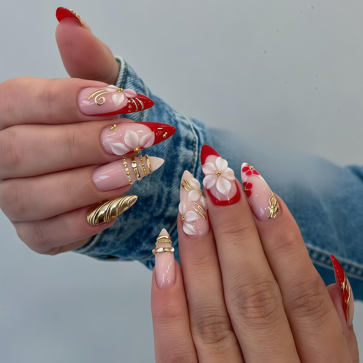 Chinese-Inspired Red French Tip Press On Nails with 3D White Flowers and Gold Accents