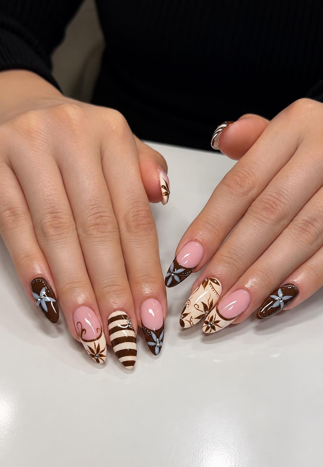 Chocolate Brown and Cream Floral Bow French Tip Nail Set