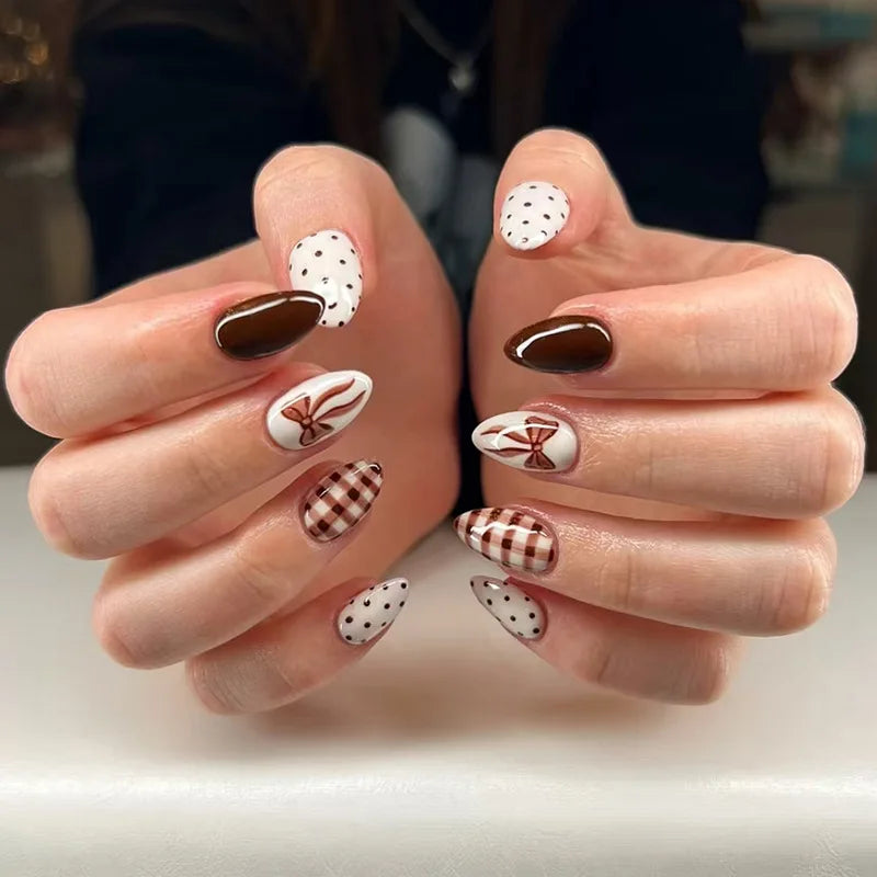 Chocolate Brown and Cream Polka Dot, Checkered & Bow Nail Set