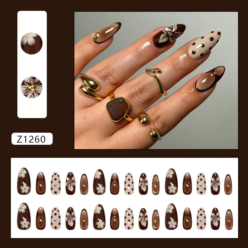 Chocolate Brown and Cream Polka Dot Floral Nail Set