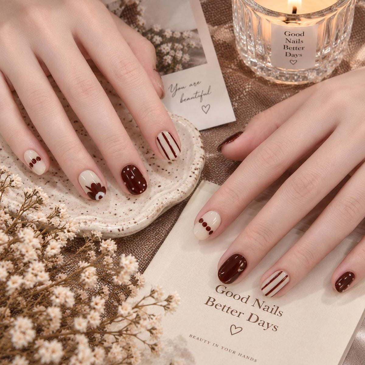 Chocolate Brown and Cream Thanksgiving Turkey Nail Set