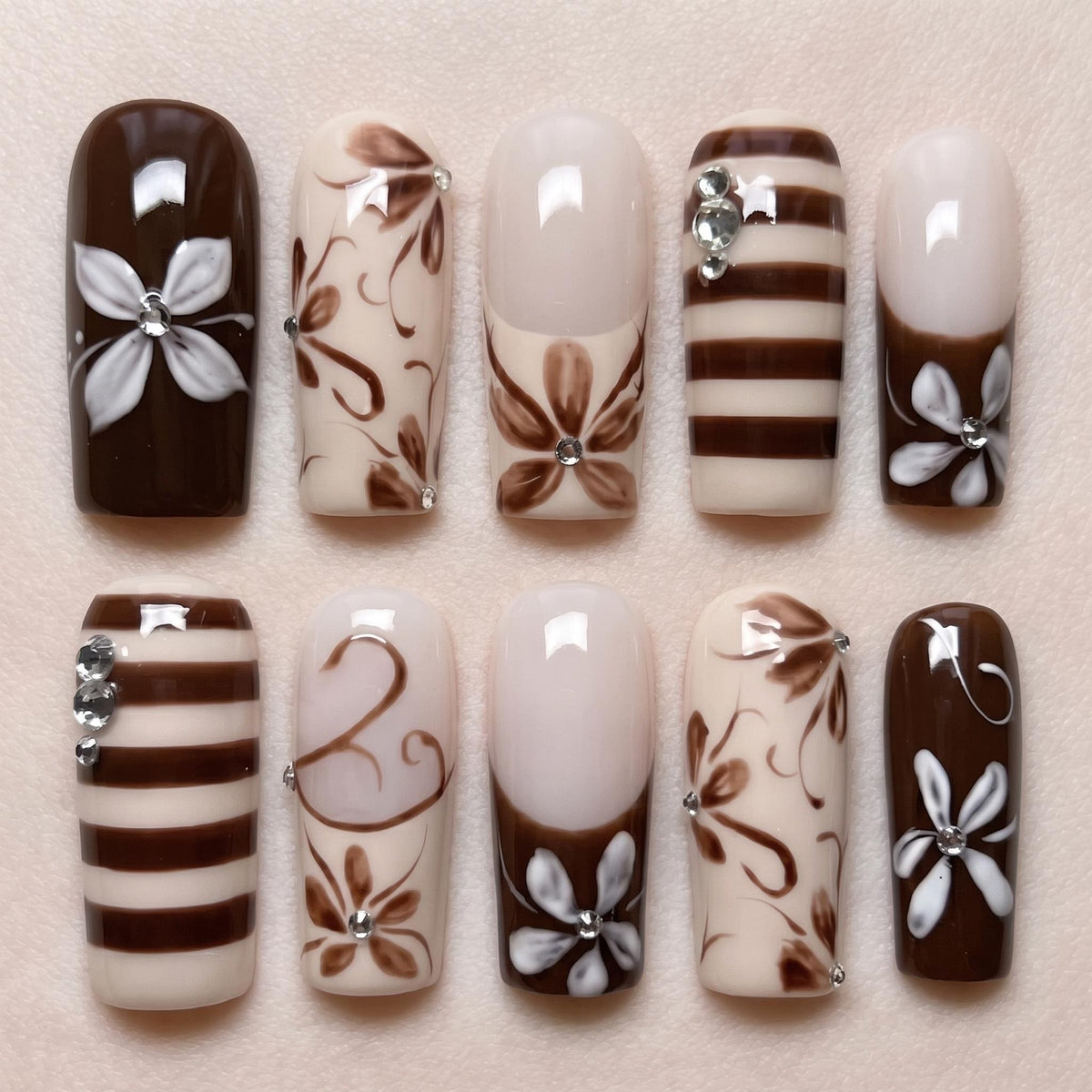 Chocolate Brown and Ivory Floral Stripe Press On Nails with Rhinestone Accents