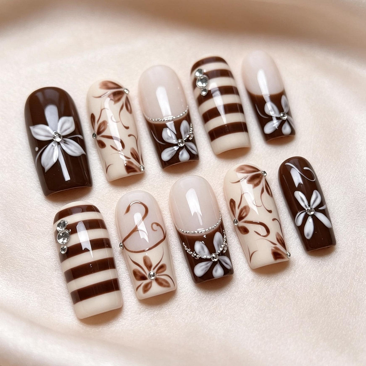 Chocolate Brown and Ivory Floral Stripe Press On Nails with Rhinestone Accents