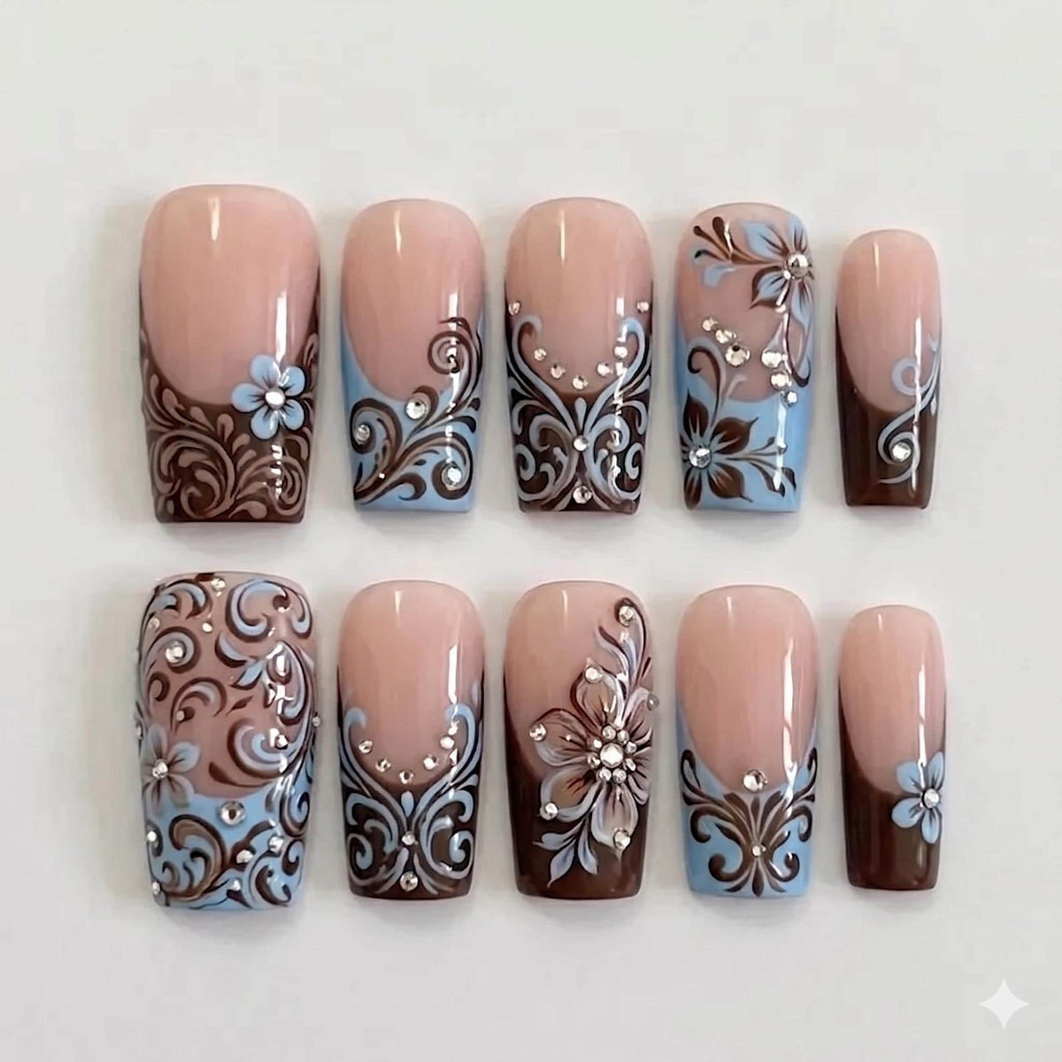 Chocolate Brown and Pale Blue Baroque Floral French Tip Prom Nail Set