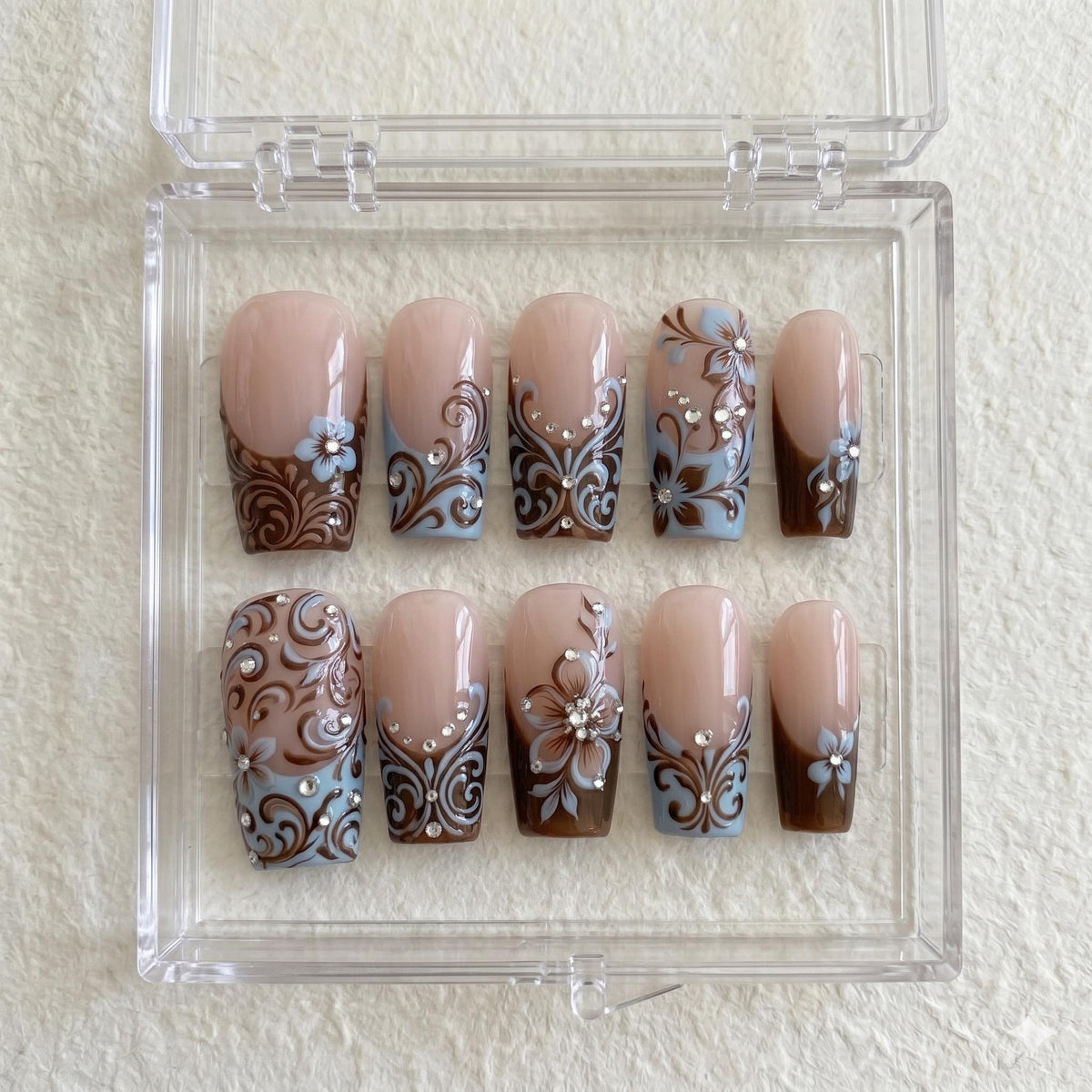 Chocolate Brown and Pale Blue Baroque Floral French Tip Prom Nail Set