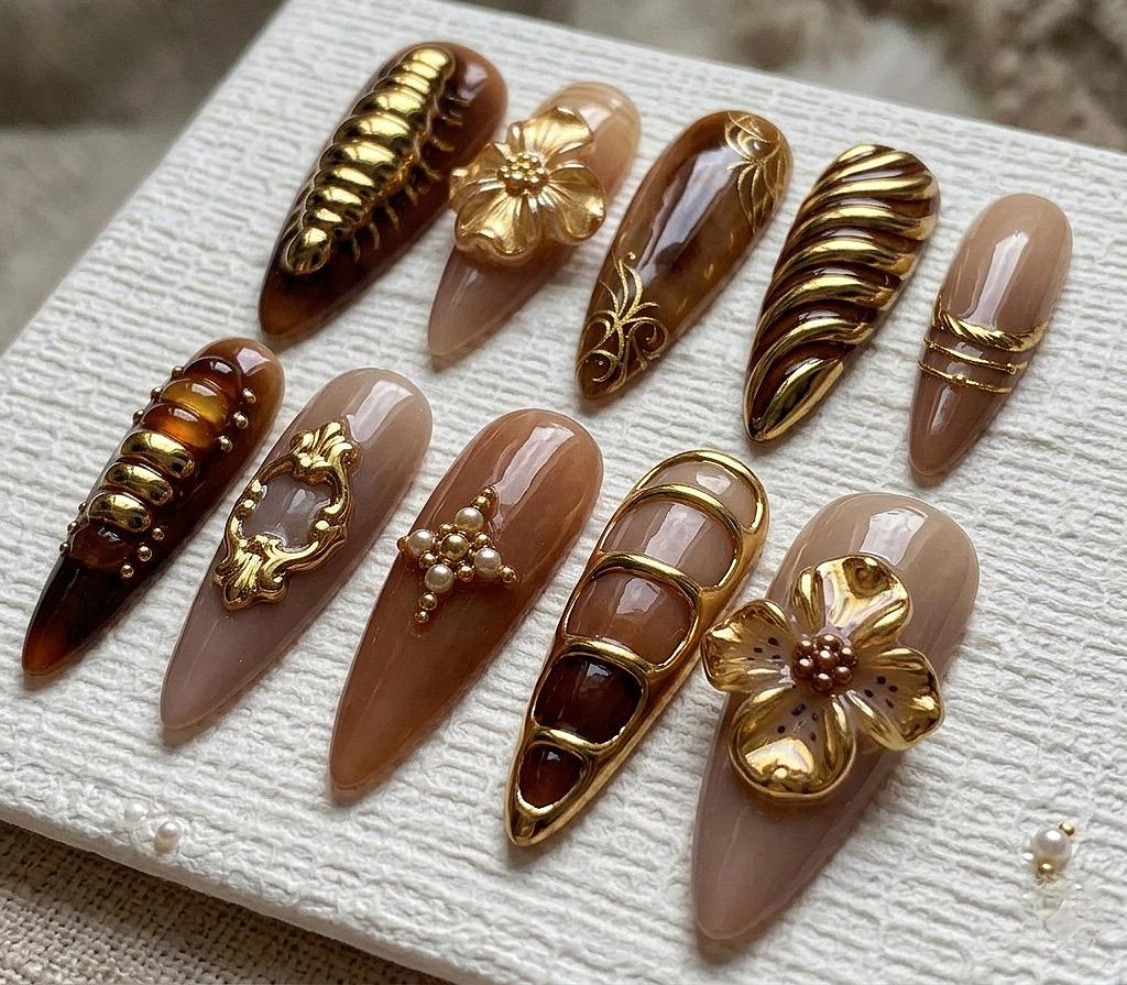 Chocolate Brown and Taupe Nails with 3D Gold Flowers and Metallic Details