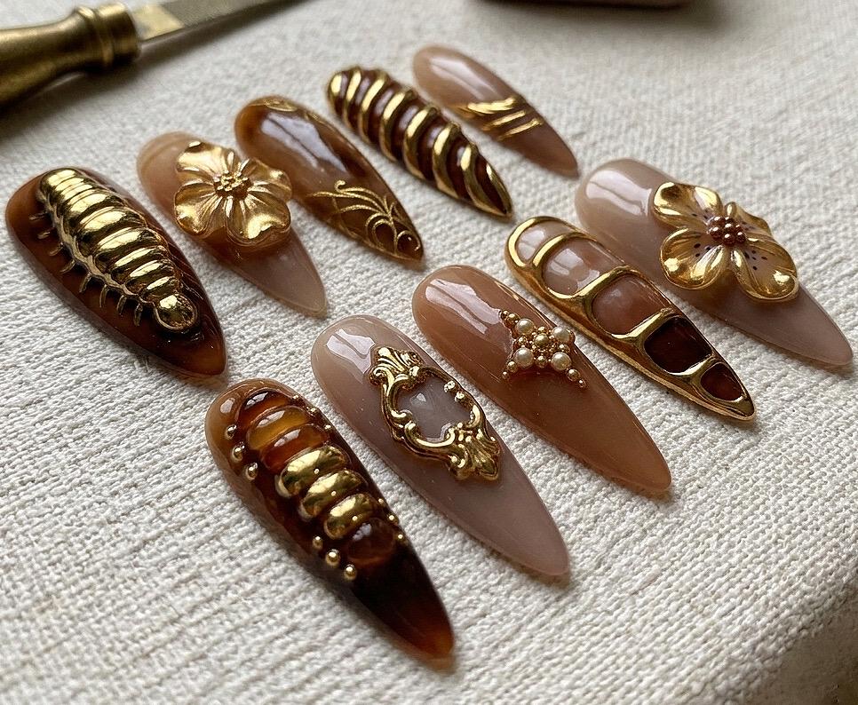 Chocolate Brown and Taupe Nails with 3D Gold Flowers and Metallic Details