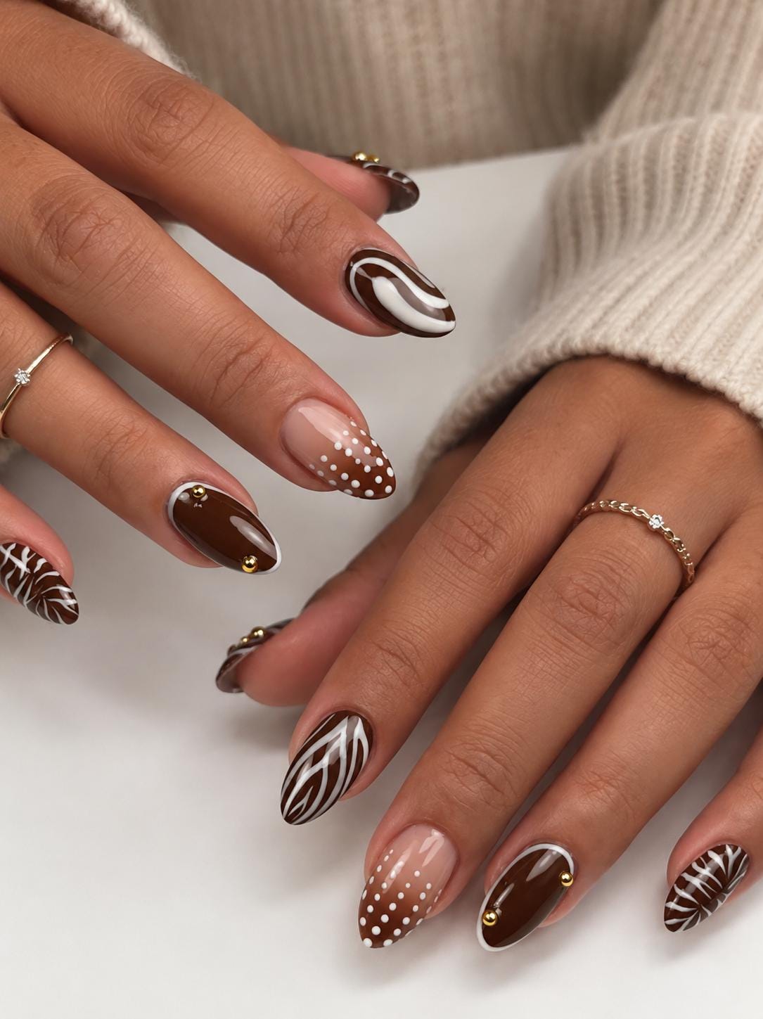 Chocolate Brown and White Fall Swirl Press On Nails with Polka Dots and Gold Accents
