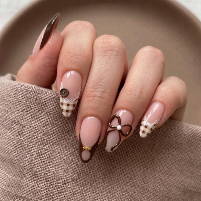 Chocolate Brown Bow and Gingham Lace French Tip Cozy Fall Coquette Press On Nail Set