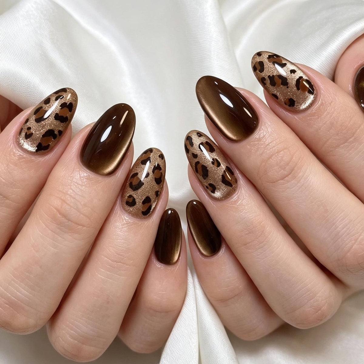 Chocolate Brown Cat-Eye and Gold Leopard Print Nail Set