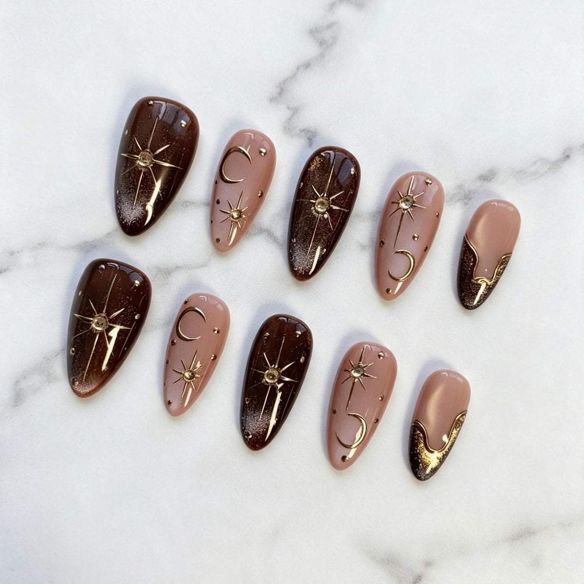 Chocolate Brown Cat Eye Celestial Nails with Gold Moons and French Tips