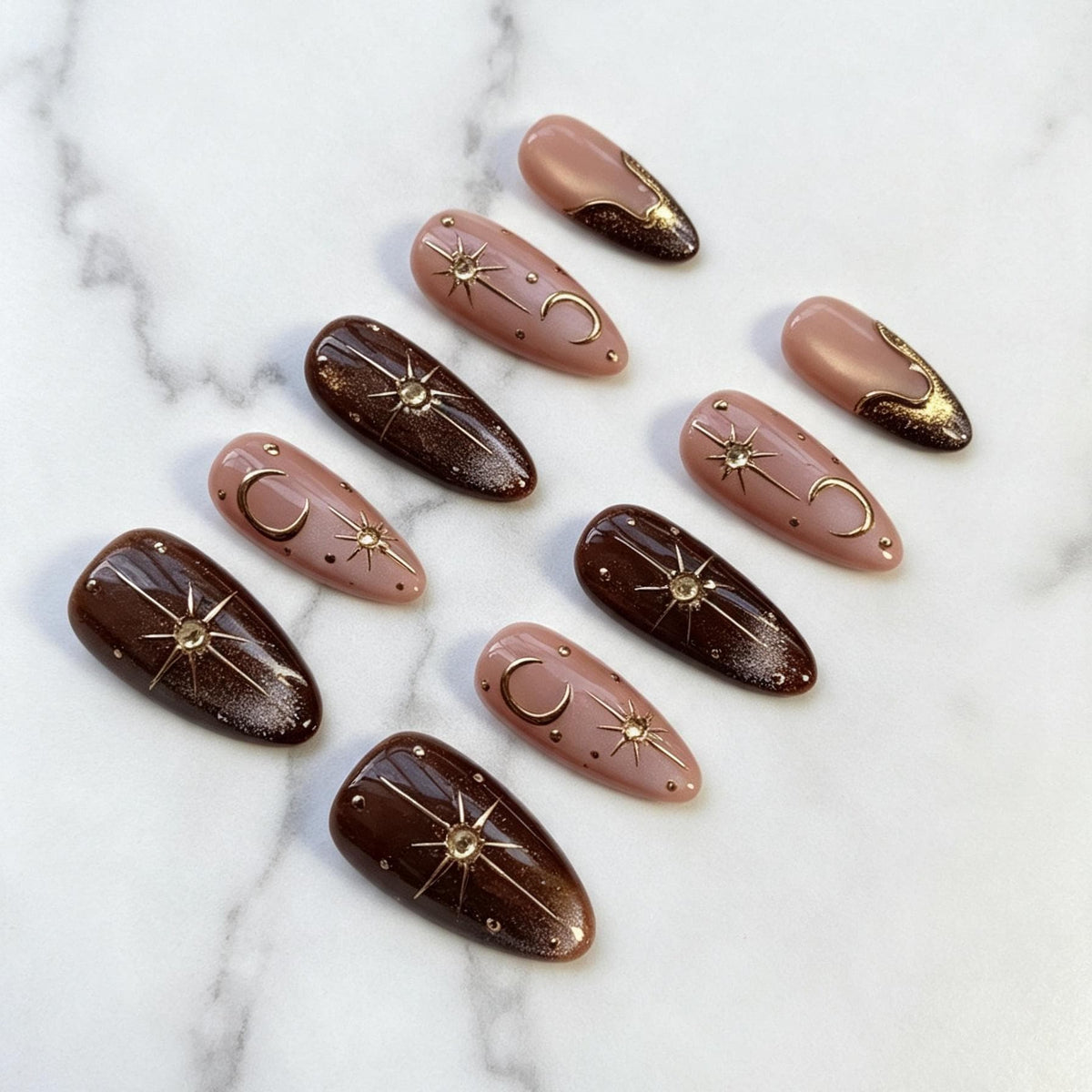 Chocolate Brown Cat Eye Celestial Nails with Gold Moons and French Tips