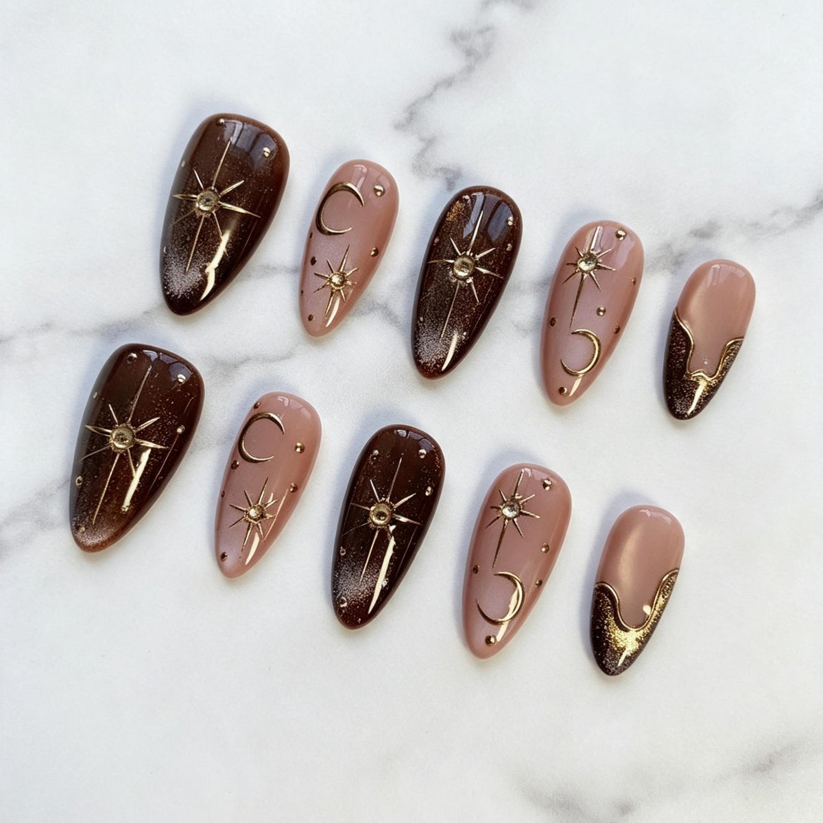 Chocolate Brown Cat Eye Celestial Nails with Gold Moons and French Tips