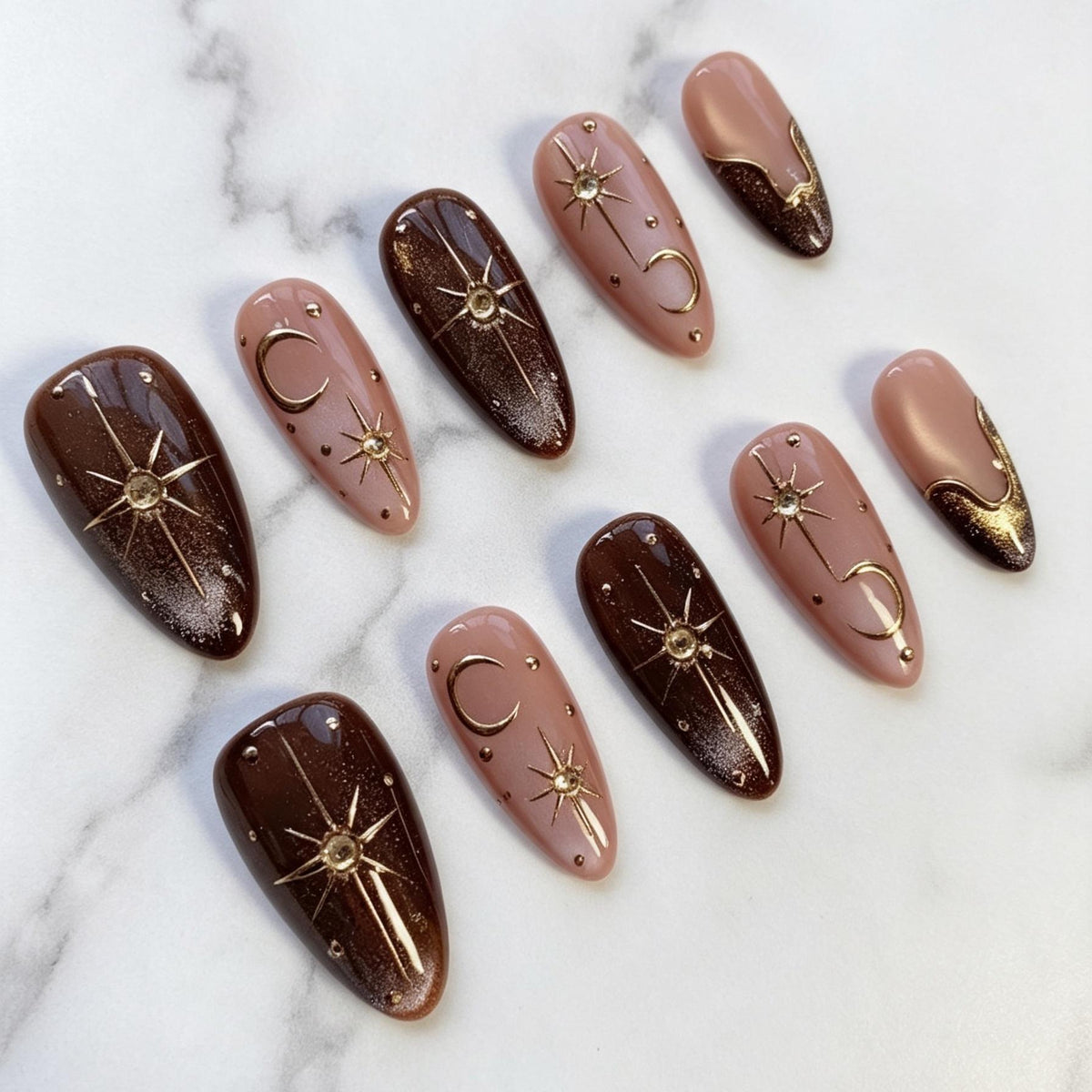Chocolate Brown Cat Eye Celestial Nails with Gold Moons and French Tips