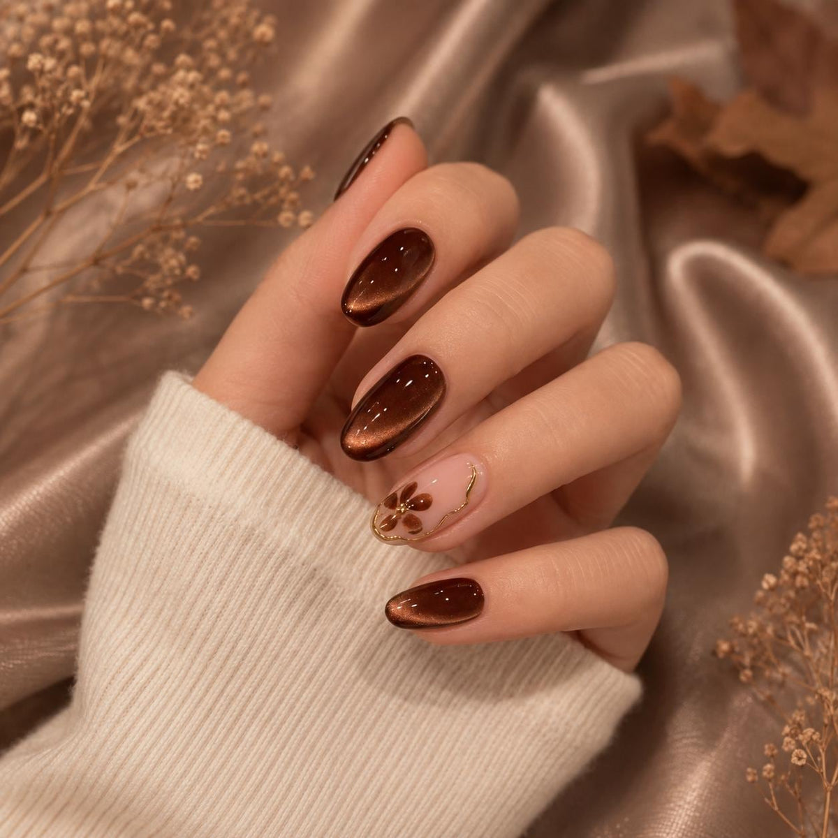 Chocolate Brown Cat-Eye Fall Nails With Nude Floral Accent