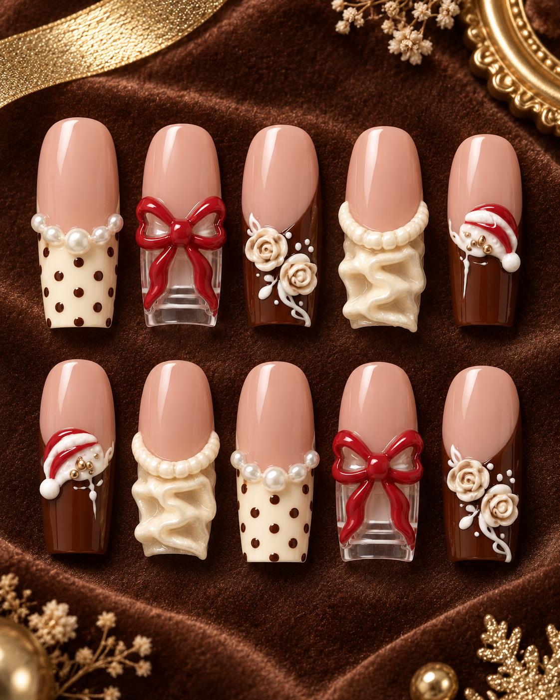 Chocolate Brown Christmas Nails with 3D Red Bows, Cream Roses and Pearl Details