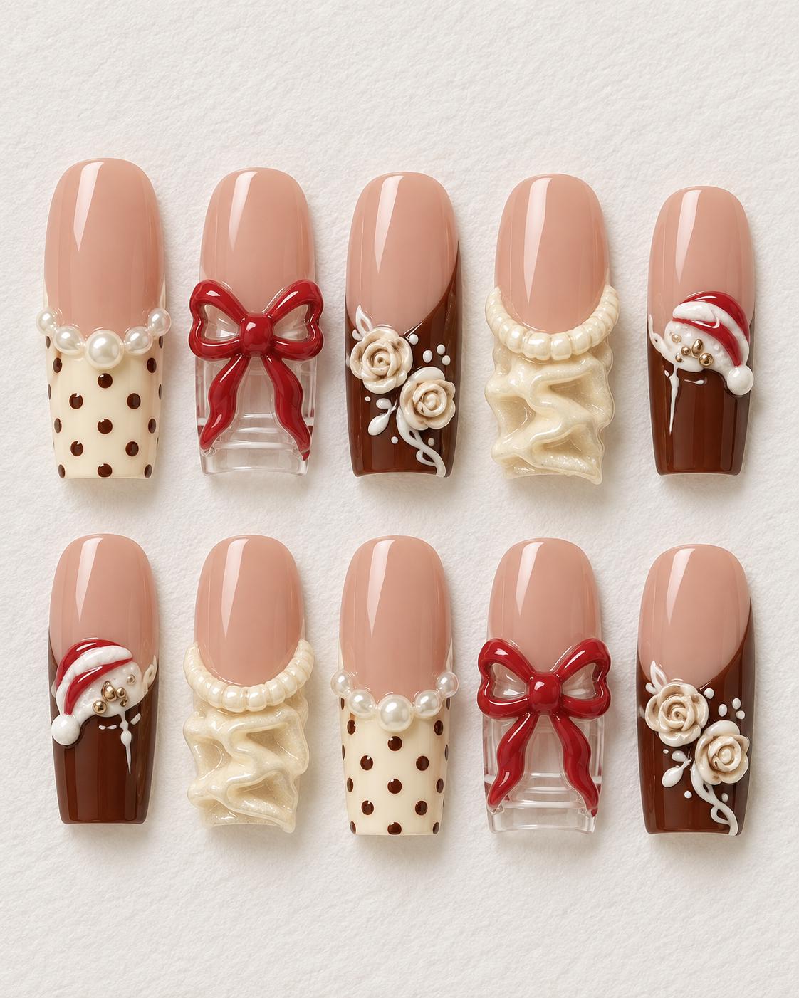 Chocolate Brown Christmas Nails with 3D Red Bows, Cream Roses and Pearl Details