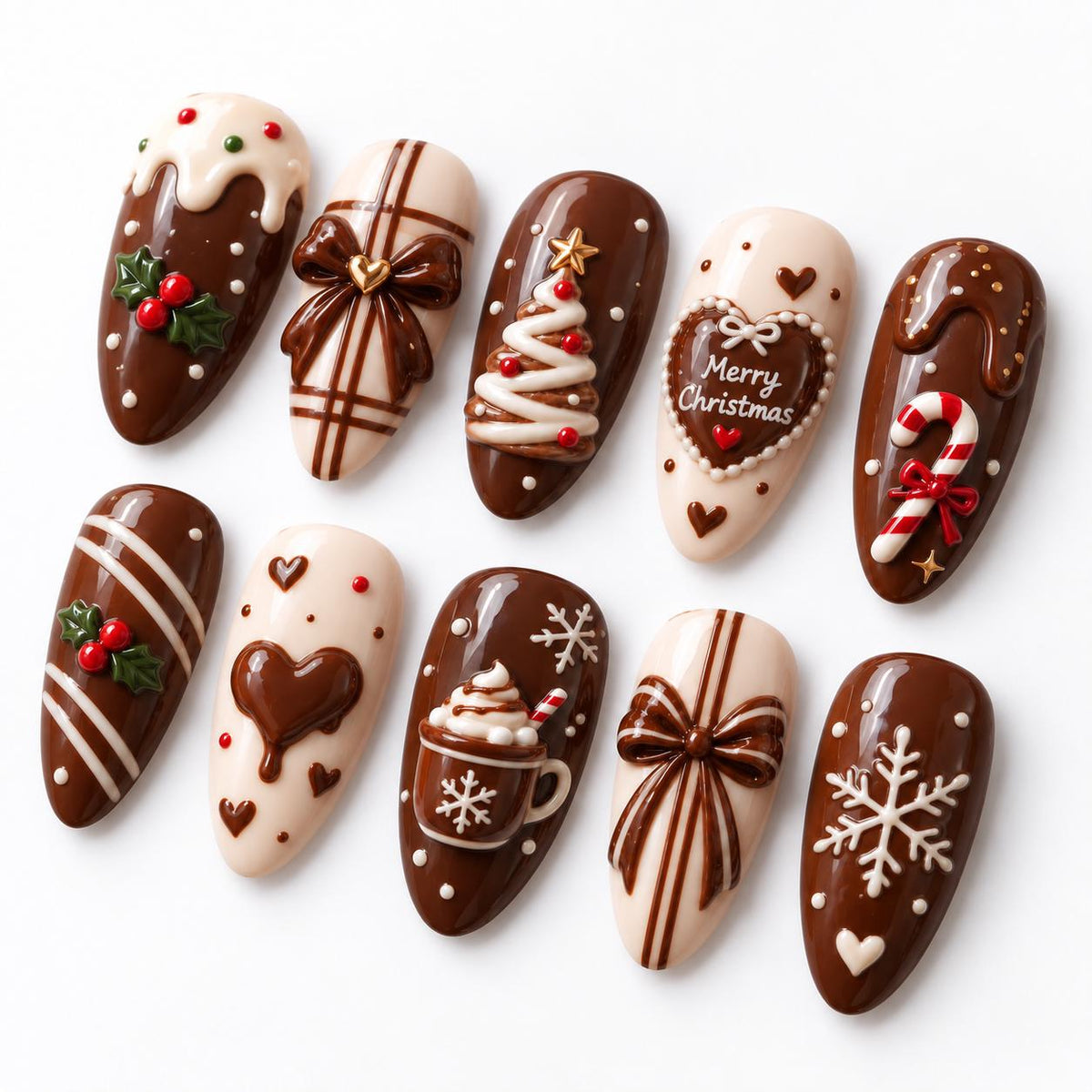 Chocolate Brown Christmas Nails with Candy, Icing, Bows, and Holly
