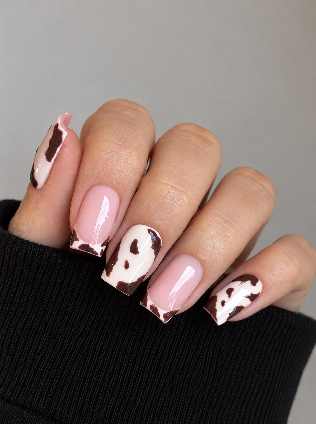 Chocolate Brown Cow Print Press On Nails in Pale Pink and Cream