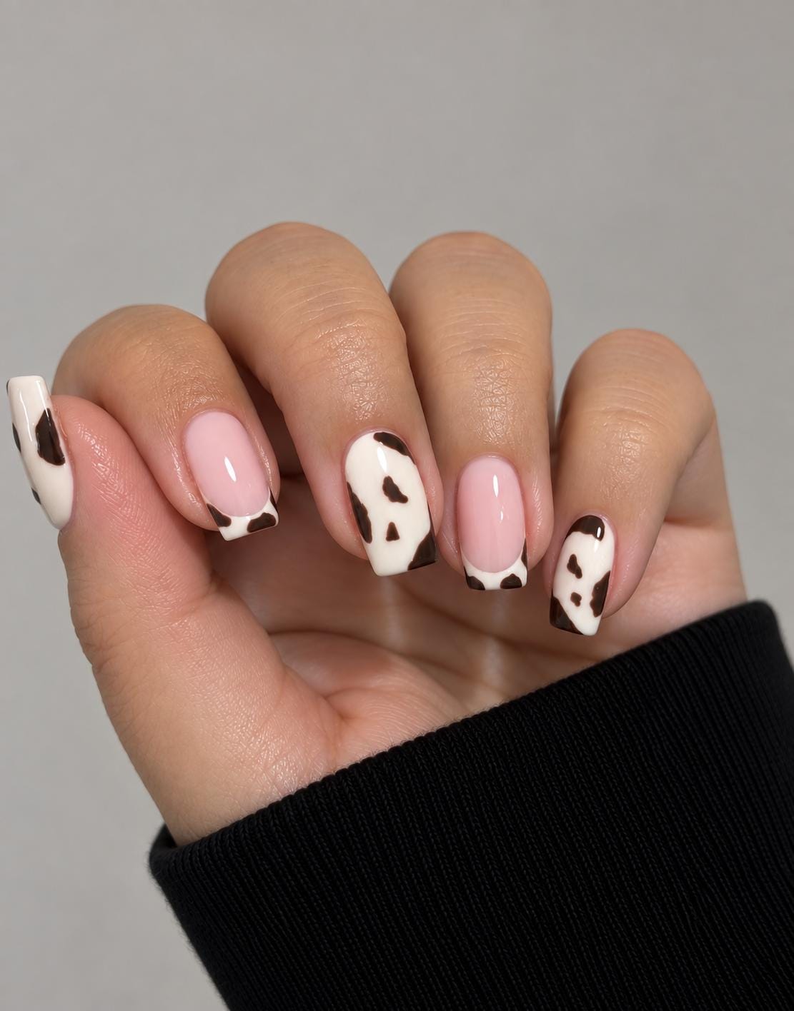 Chocolate Brown Cow Print Press On Nails in Pale Pink and Cream